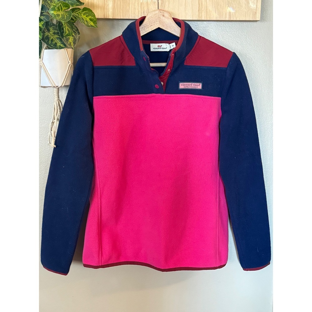 Vineyard Vines Womens Shep Fleece Pullover Colorblock Pink Navy Blue XS